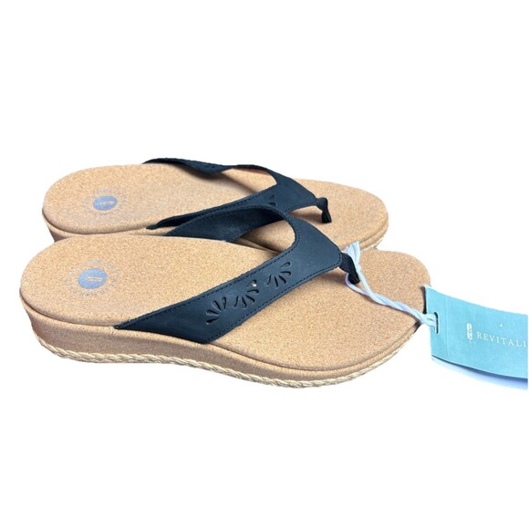 Revitalign Orthotic Leather Wedge Thong Sandals Kate Women’s Size 9B Black Tan - Picture 2 of 10